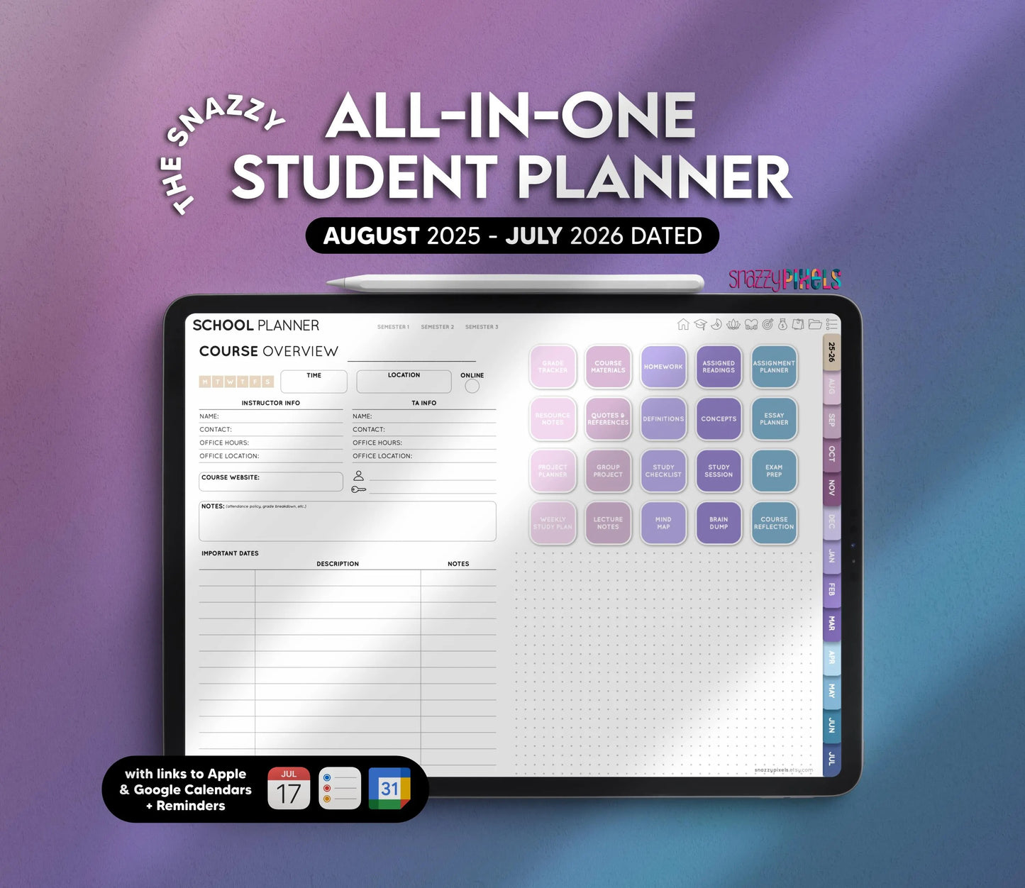 ALL-IN-ONE Digital Student Planner (Cool), 2025-2026 Academic Planner, Digital College Planner, Goodnotes