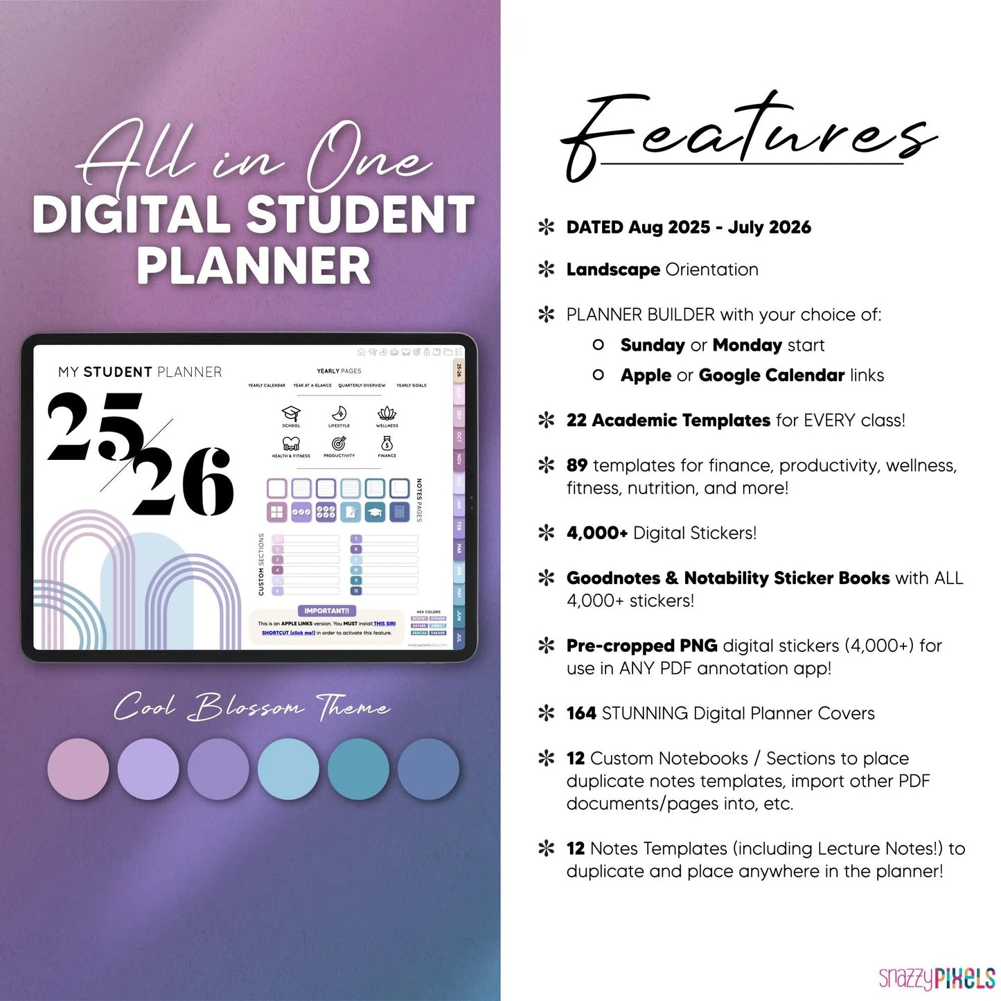 ALL-IN-ONE Digital Student Planner (Cool), 2025-2026 Academic Planner, Digital College Planner, Goodnotes